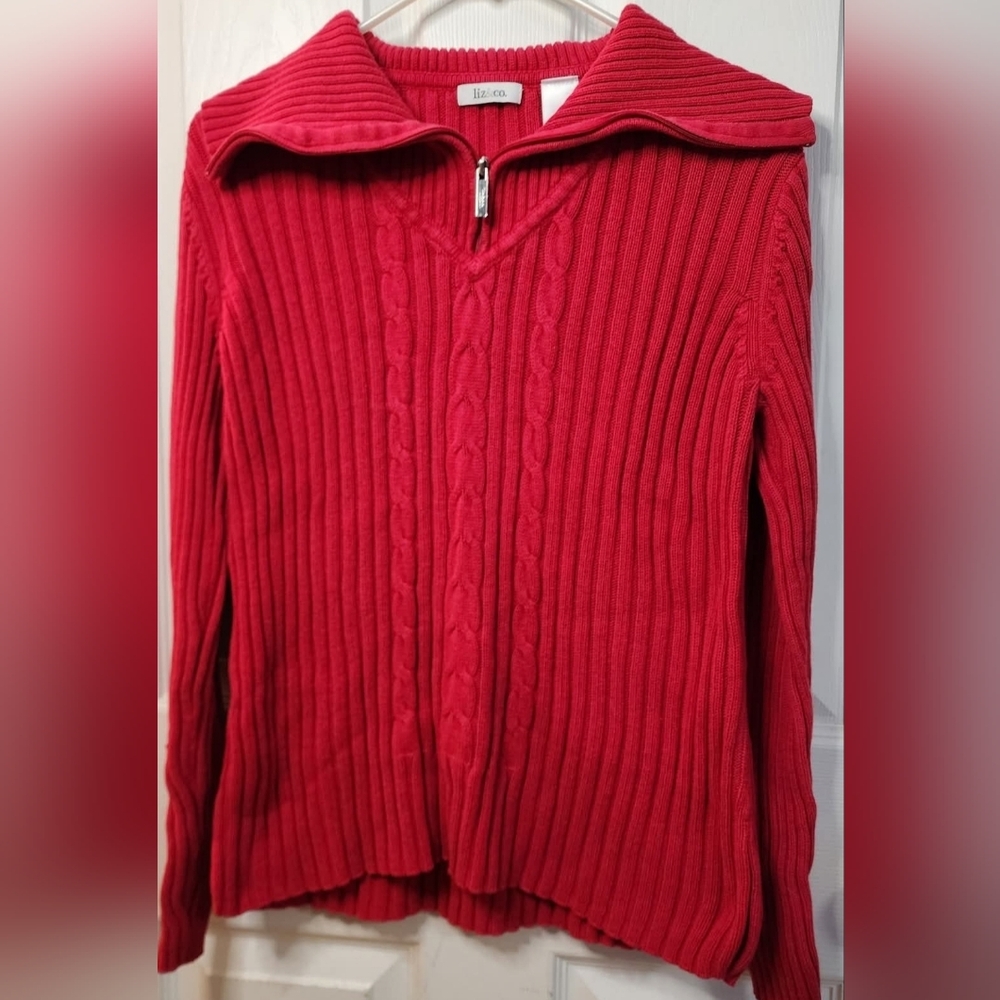❤️ Liz & Co Women's Zip up Cable Knit Long Sleeve Red Sweater Pullover ❤️Size L